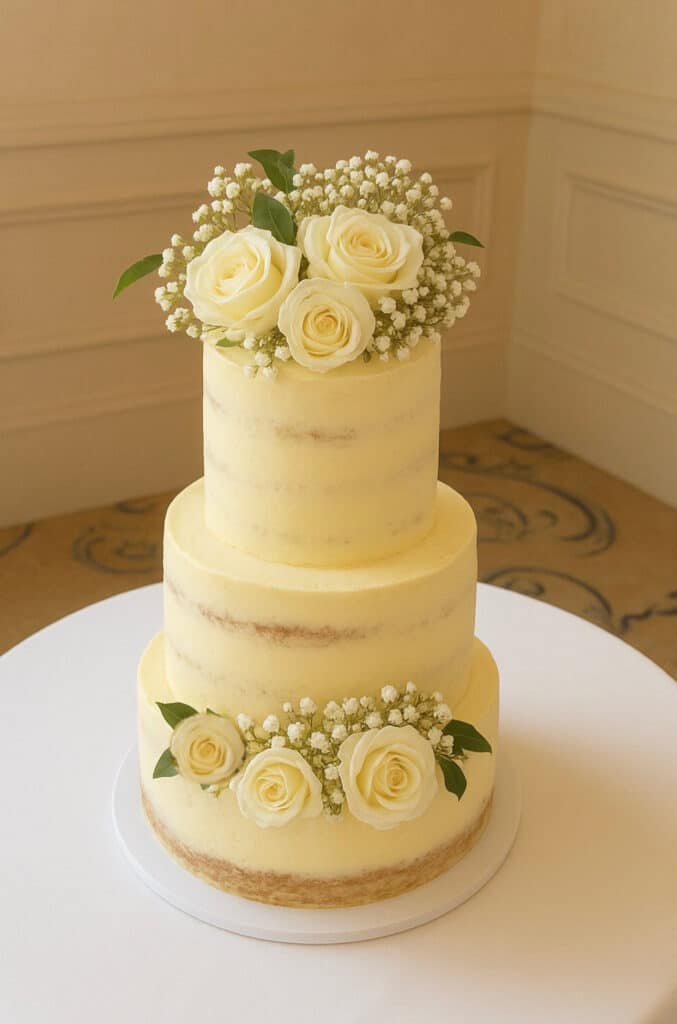 3 tiered white wedding cake with white roses